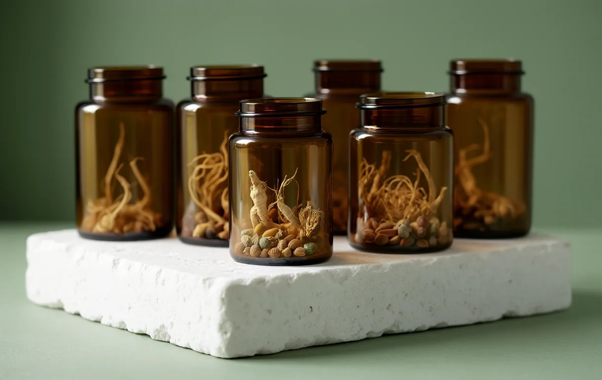 Ingredientes naturales en frascos de vidrio